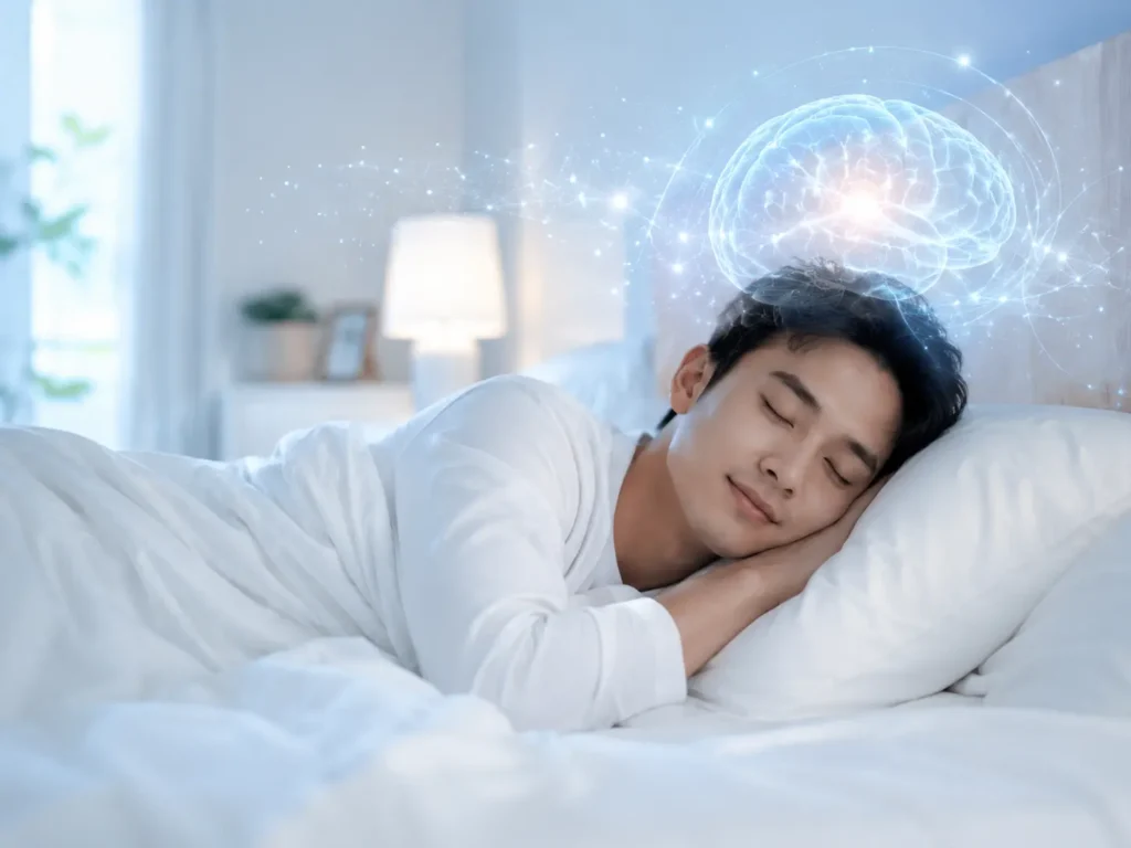 ภาพคนกำลังนอนหลับ พร้อมภาพจำลองการทำงานของสมองที่สื่อถึงการฟื้นฟูสมอง การประมวลผลความจำ และคุณภาพการนอน