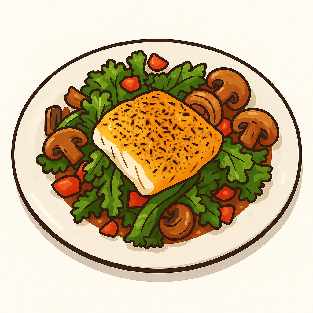 ปลาผัดสมุนไพร + เห็ด + ผักใบเขียว