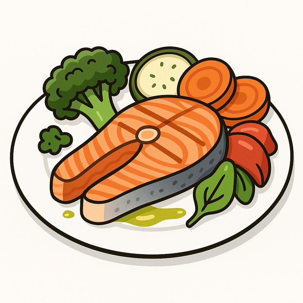 สเต๊กปลาแซลมอนย่างเกลือ + ผักย่าง